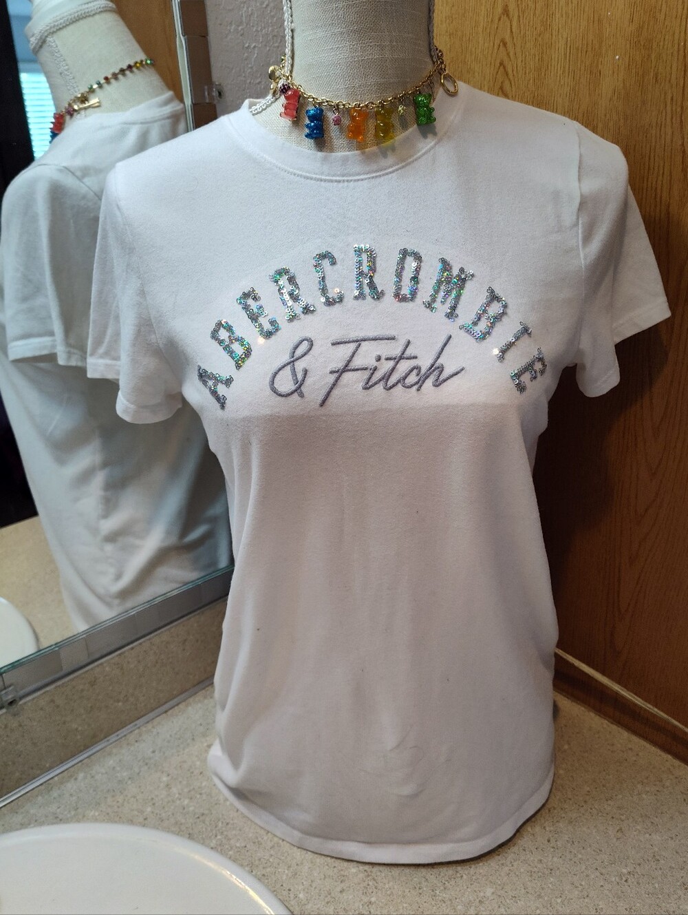 Abercrombie & Fitch White Tee with Iridescent Sequin Logo